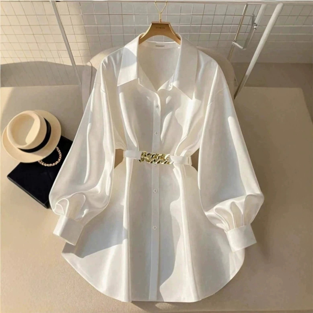 Zara Loose Fit White Satin Shirt Metal Buckle Belt